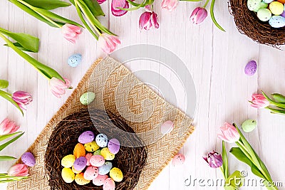 Top view and flat lay of conceptual arrangement decoration for Happy Easter holiday on wood background Stock Photo