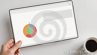 Top view flat lay and copy space of tablet with charts and computer reports on organized desk workplace. Using financial Data for Stock Photo