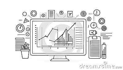 Top view flat lay and copy space of tablet with charts and computer reports on organized desk workplace. Using financial Data for Stock Photo