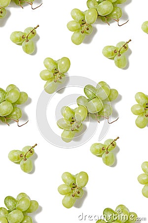 Top view flat lay green grapes pattern isolated on white background. Vegetarian food concept, wine Stock Photo