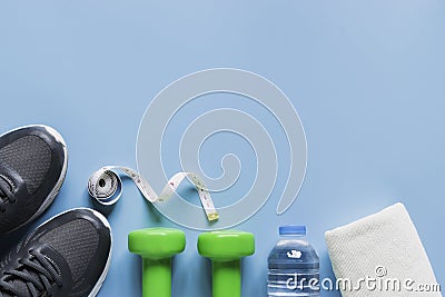 Top view flat lay healthy object with dumbbells, bottle water for sport or exercise concept Stock Photo