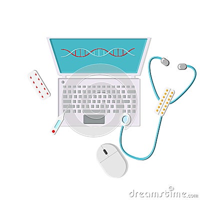 Top view on flat lay of a laptop computer doctor medical worker with a gradius pan, stethoscope, pills on a white background. Vector Illustration