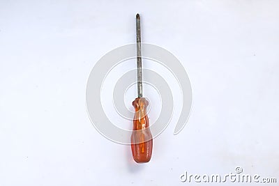 Top view and flat lay orange screwdriver on white background. Stock Photo