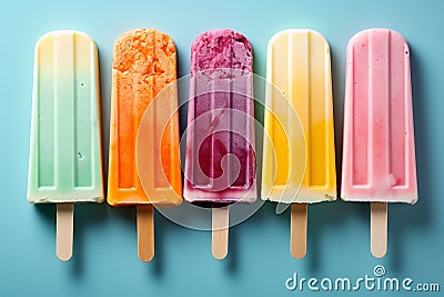 Top view flat lay of a set of bright ice cream popsicles Stock Photo