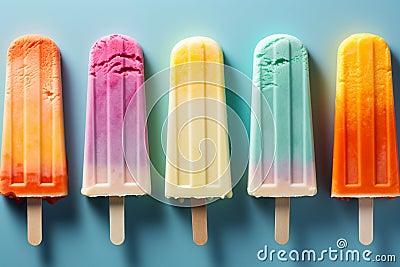 Top view flat lay of a set of bright ice cream popsicles Stock Photo