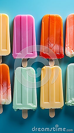 Top view flat lay of a set of bright ice cream popsicles Stock Photo