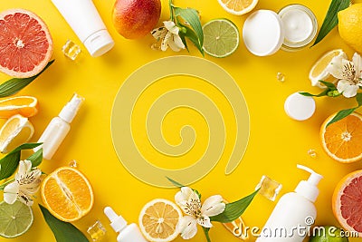 Top view flat lay of skincare products with orange grapefruit lemon lime flower on yellow background Stock Photo