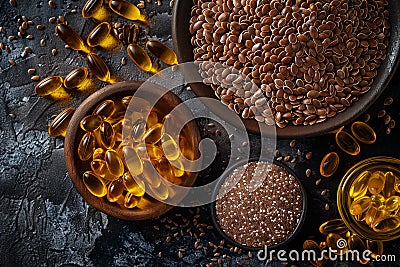 Top view of flaxseed, fish oil and omega soft gels Stock Photo