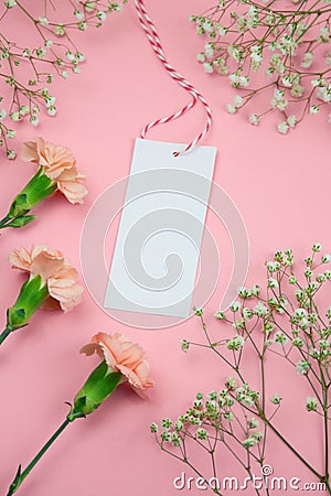 floral frame with mock up empty label pink background Stock Photo