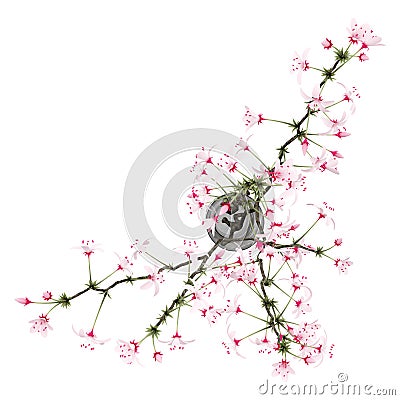 Top view of flowering tree twigs in glass vase isolated on white Cartoon Illustration