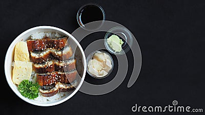 Top view and focus to Unadon or unagi donburi or eel bowl is a dish originating in Japan Stock Photo