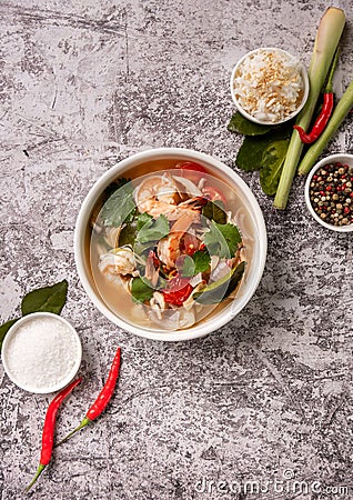 Top view Food and drink, traditional Thai cuisine. Spicy tom yam kung, tom yum sour soup with shrimp, prawn, coconut Stock Photo