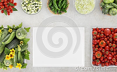 Top view food with many fresh vegetables and cutting boards on k Stock Photo