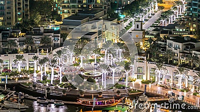 Fountain and palms timelapse at the Marina walk, During night time. Dubai, UAE Editorial Stock Photo