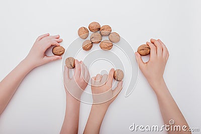 Top view four child hand with many walnuts on white background, Stock Photo