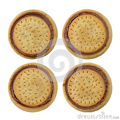 Top view four Chocolate round biscuits or cookies isolated on white Stock Photo