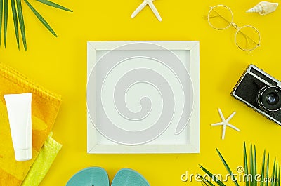 Top view frame with copy space for mockup. Beach concept flat lay with towel, jar and slippers Stock Photo