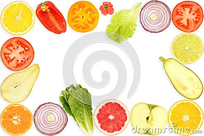 Top view of frame fresh cut vegetables and fruits isolated on white Stock Photo