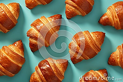 Top view of French Croissant pastries on pastel background Stock Photo