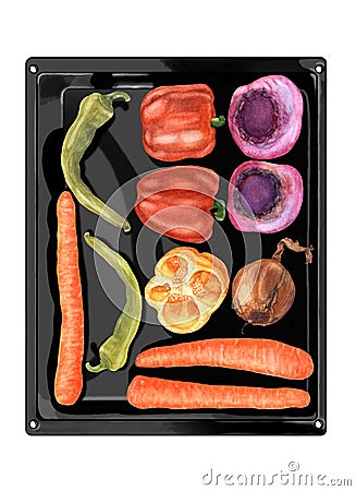 Top view of fresh colorful vegetables lying on black oven pan, hand drawn. Cartoon Illustration