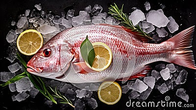 Top view of Fresh snapper preparation with lemon and vegetables on ice. Snapper fish. Generative Ai Stock Photo