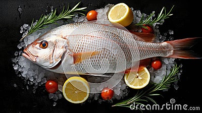 Top view of Fresh snapper preparation with lemon and vegetables on ice. Snapper fish. Generative Ai Stock Photo