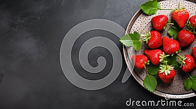 Top of view fresh strawberry in wrought plate on concrete board Stock Photo