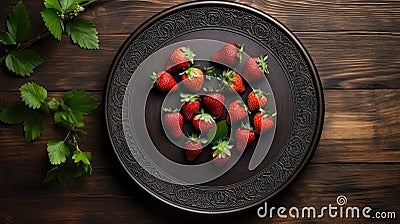 Top of view fresh strawberry in wrought plate on vintage wood Stock Photo