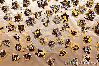 Top view of freshly homemade Christmas cookies with decorations Stock Photo