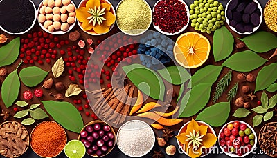 Top View of Fruits, Vegetables, Herbs, and Spices. AI Generative. Stock Photo