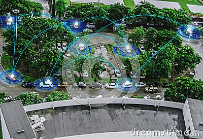 Top view futuristic user interface graphic, intelligent vehicle control Sensing system GPS real time car park communication Stock Photo