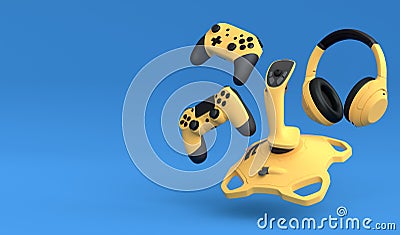 Top view gamer gears like joystick, headphones and controllers on blue Stock Photo