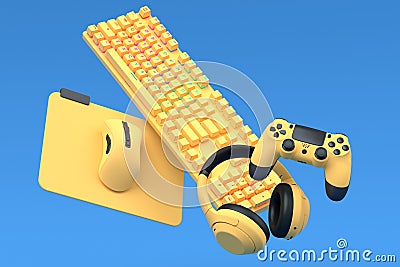 Top view gamer gears like joystick, keyboard, headphones and mouse Stock Photo