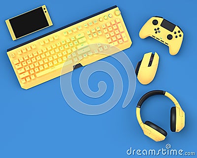Top view gamer gears like joystick, keyboard, headphones and mouse Stock Photo