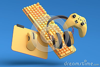 Top view gamer gears like joystick, keyboard, headphones and mouse Stock Photo