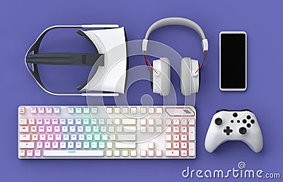 Top view gamer gears like joystick, keyboard, headphones and phone Stock Photo