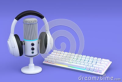 Top view gamer gears like microphone, headphones and keybaord Stock Photo