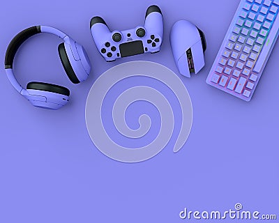 Top view of gamer gears like mouse, keyboard, joystick and headphones on purple Stock Photo