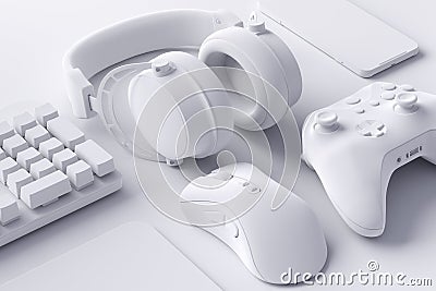 Top view of gamer workspace and gear like mouse, keyboard, joystick, mobile Stock Photo