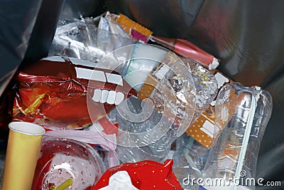 Top view Garbage, Trash Dump, Plastic bottle waste in recycle bin, Pile of Garbage Plastic Waste Bottle and Bag Foam tray many Stock Photo