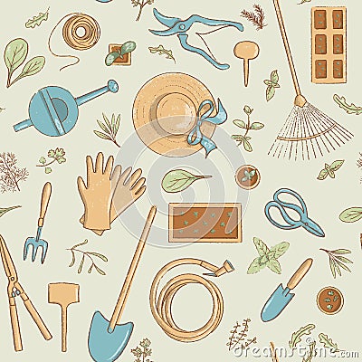 Top view gardening icon seamless pattern set. Collection of useful horticulture tools spade, hat etc. Vector Illustration