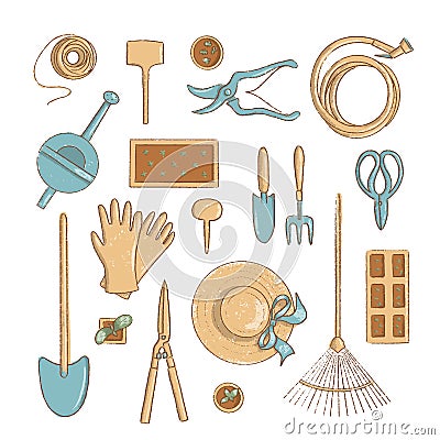 Top view gardening icon set. Collection of useful horticulture tools spade, hat etc. cartoon vintage style Vector Illustration