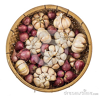Top view of garlic shallot onion isolated on white Stock Photo