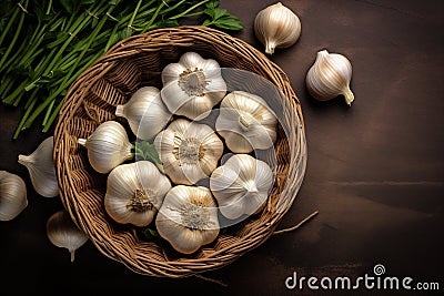 Top view of garlic in wooden wicker basket. Generative AI Stock Photo