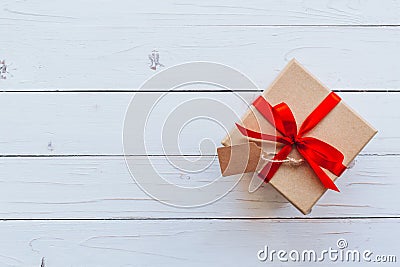 Top view gift box on wood table background with copy space Stock Photo