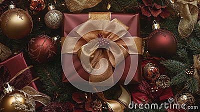 A top view of gifts wrapped in rich maroon and gold, featuring elaborate bows, placed among Stock Photo