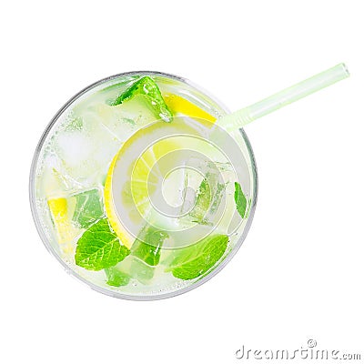 Top view of glass of cold lemonade isolated on white Stock Photo