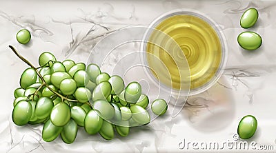 Top view glass with white wine and grapes banner Vector Illustration