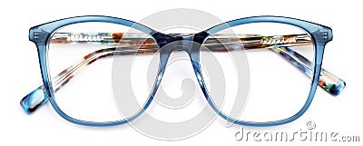 Top view glasses isolated on white background, blue plastic spectacle with multi colorful spotted temples Stock Photo