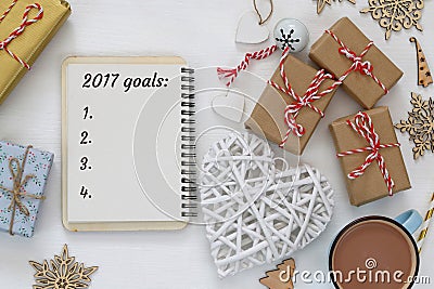 Top view 2017 goals list with notebook, cup of coffee Stock Photo